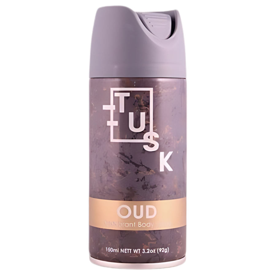 Tusk - OUD Deodorant Body Spray, 150ml, by Tusk, features a rich oud fragrance and comes with a purple cap and marbled label design.