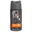 A can of Tusk Orange Deodorant Body Spray (150ml) features a gray cap and camouflage pattern, providing long-lasting odor protection and a fresh citrus scent. The product name and volume are clearly labeled.