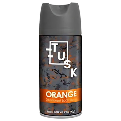 A can of Tusk Orange Deodorant Body Spray (150ml) features a gray cap and camouflage pattern, providing long-lasting odor protection and a fresh citrus scent. The product name and volume are clearly labeled.