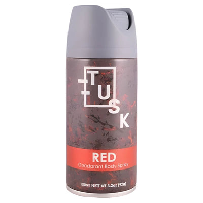 Tusk - Red Deodorant Body Spray 150ml provides long-lasting fragrance and reliable odor protection in a sleek can with a grey cap and marbled dark red label.