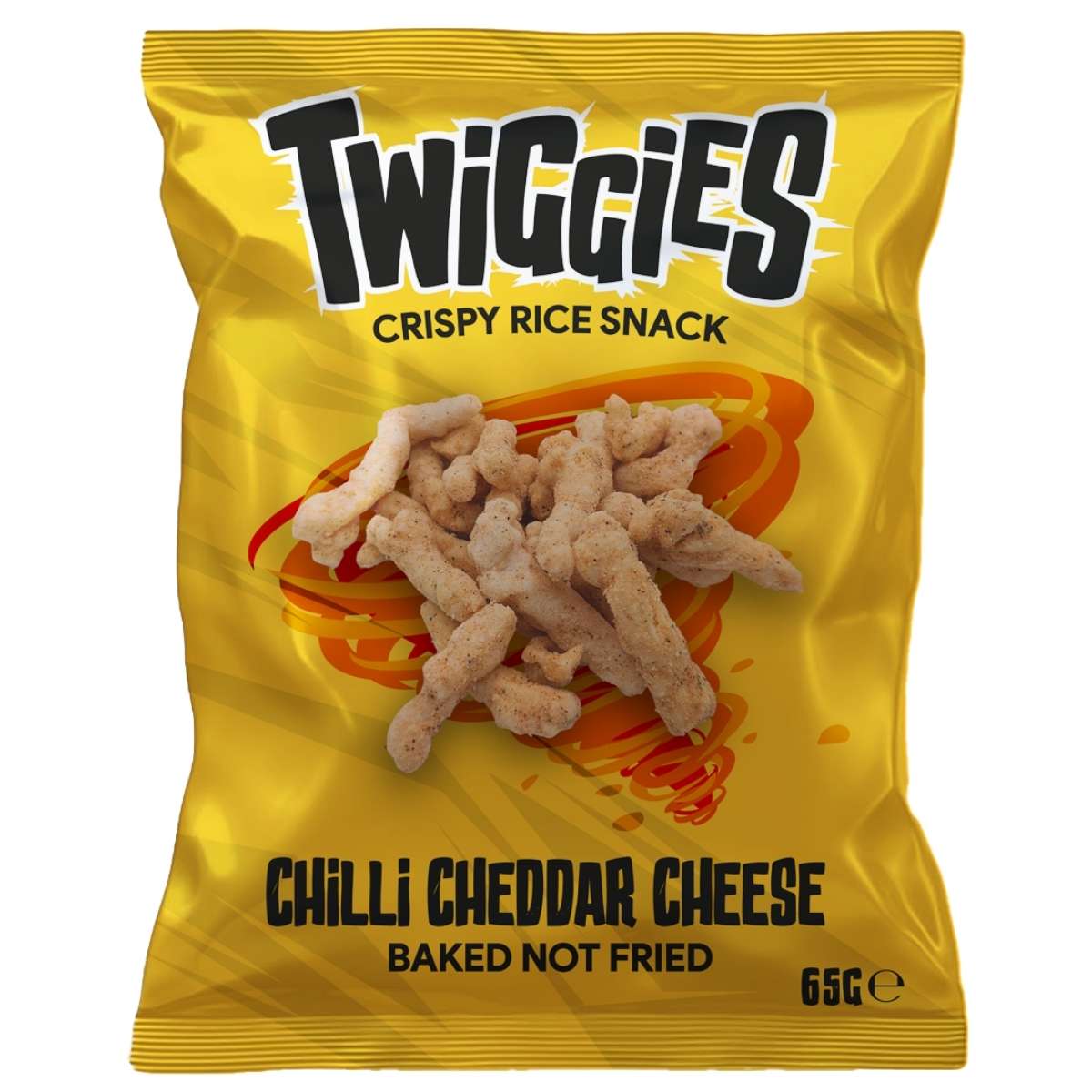 A 65g yellow packet of Twiggies Chilli Cheddar Cheese Baked Crispy Rice Snack (Halal), labeled "baked not fried," features an image of the snack pieces on the front.