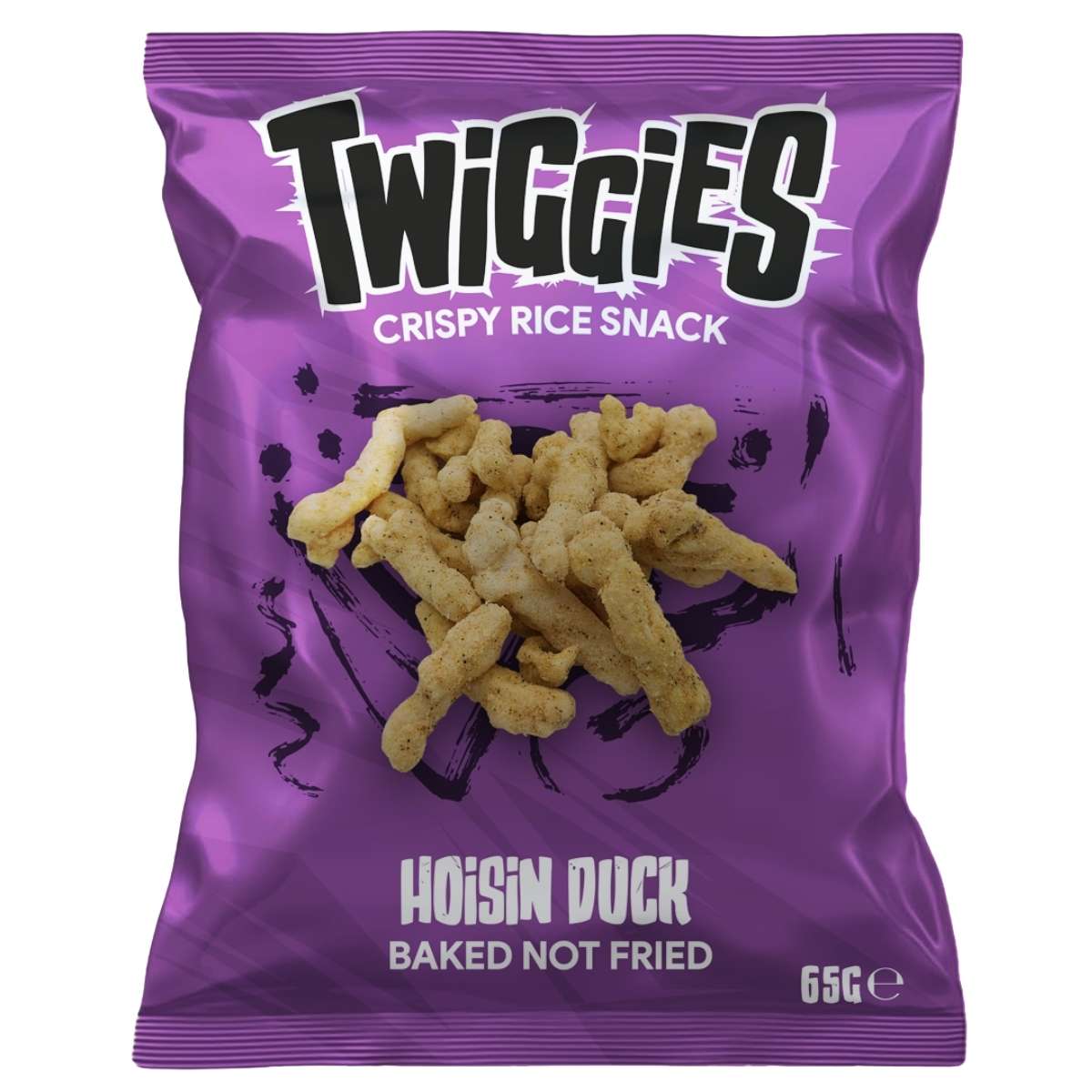 Twiggies - Hoisin Duck Flavour Baked Crispy Rice Snack (Halal) comes in a 65g purple bag labeled "baked not fried" and "halal rice snacks.