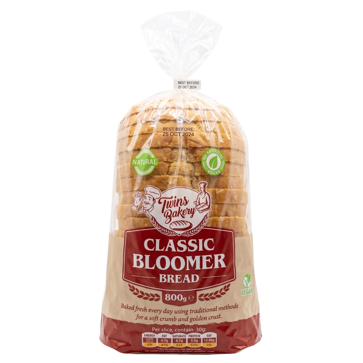 A 800g loaf of Twin's Bakery Classic Bloomer Bread in a clear plastic bag with a printed paper label, shown against a plain white background.