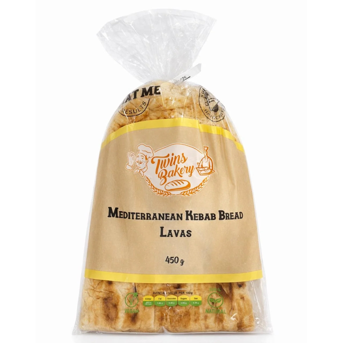 A transparent plastic bag of Twin Bakery Mediterranean Kebab Lavas Bread, 450g, reveals the bread inside and features product branding on a yellow label.