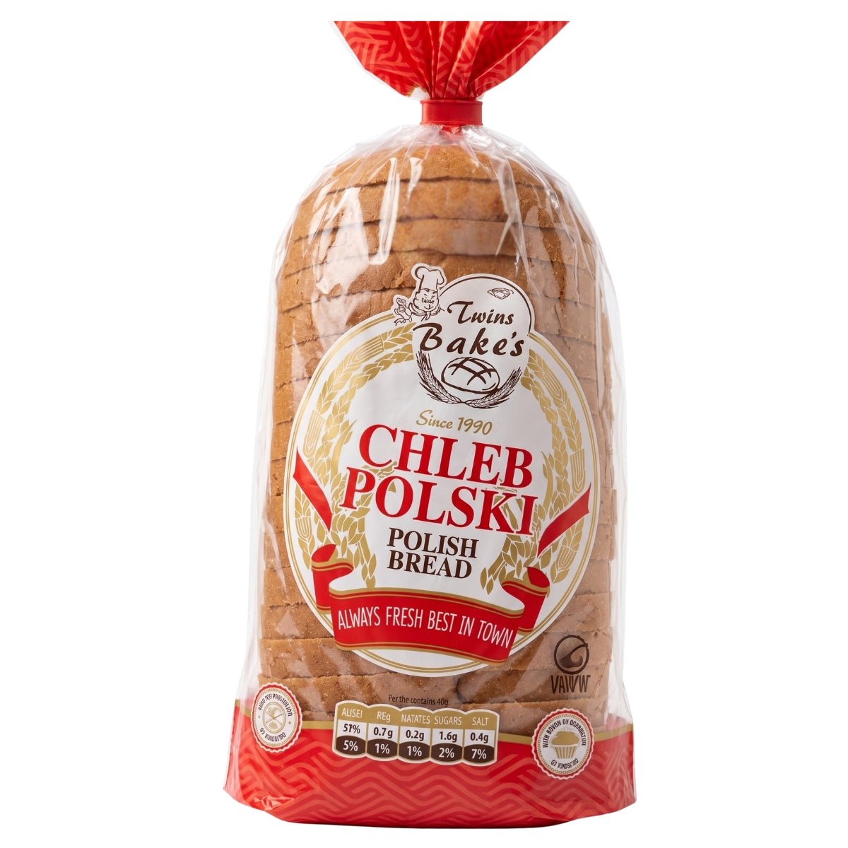 A package of Twins Bake's Chleb Polski Polish Bread, shown in a clear plastic bag tied with a red paper neck wrap, on a plain white background.