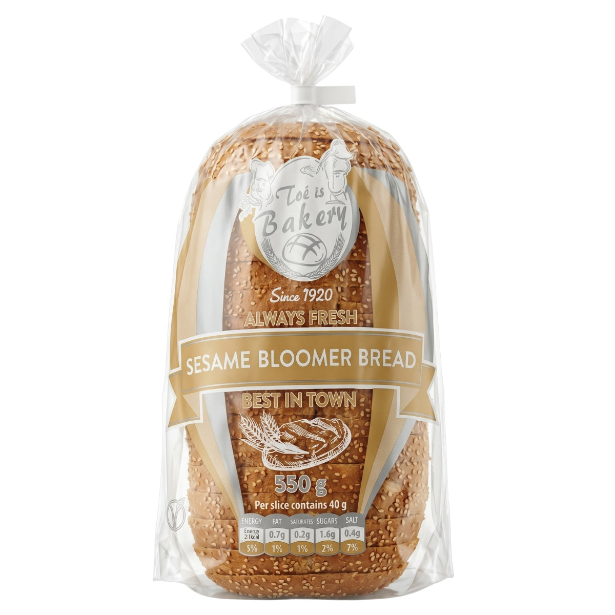 A 550g Twins Bakery Sesame Bloomer Bread sliced wholemeal sourdough loaf in a clear plastic bag.