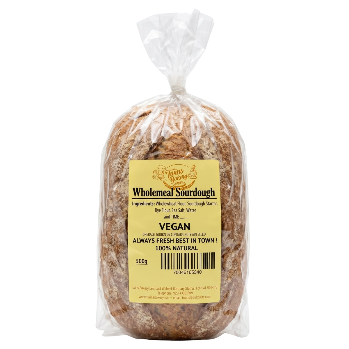 A 500g loaf of Twins Bakery Wholemeal Sourdough Bread in a clear plastic bag with a yellow label, featuring nutritional information and a barcode.