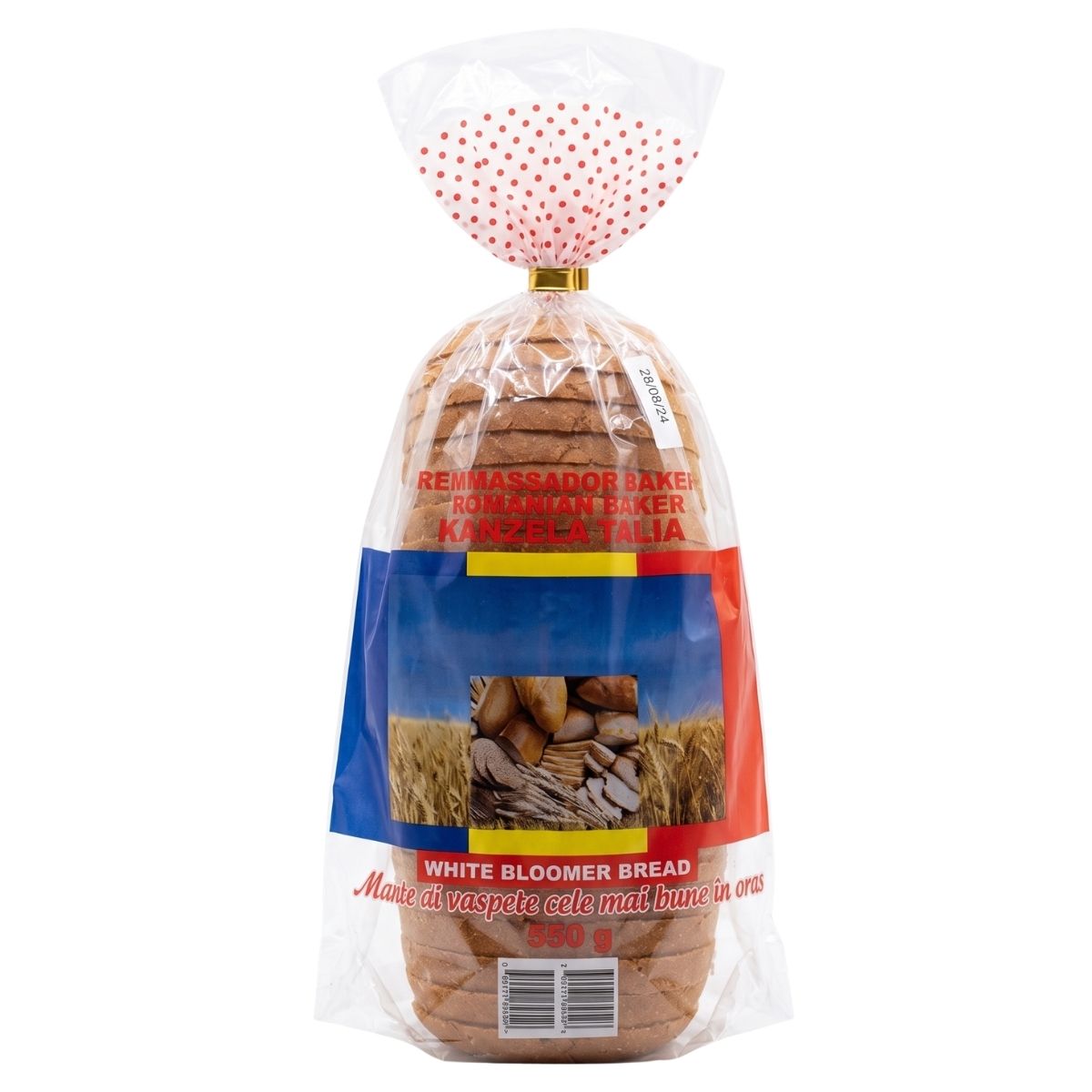 A 550g loaf of Twins Bakery - Franzela Alba White Bloomer Bread, packaged in clear wrapping with a blue, red, and yellow label featuring images of bread and wheat on the front—perfect for your next bakery delivery.