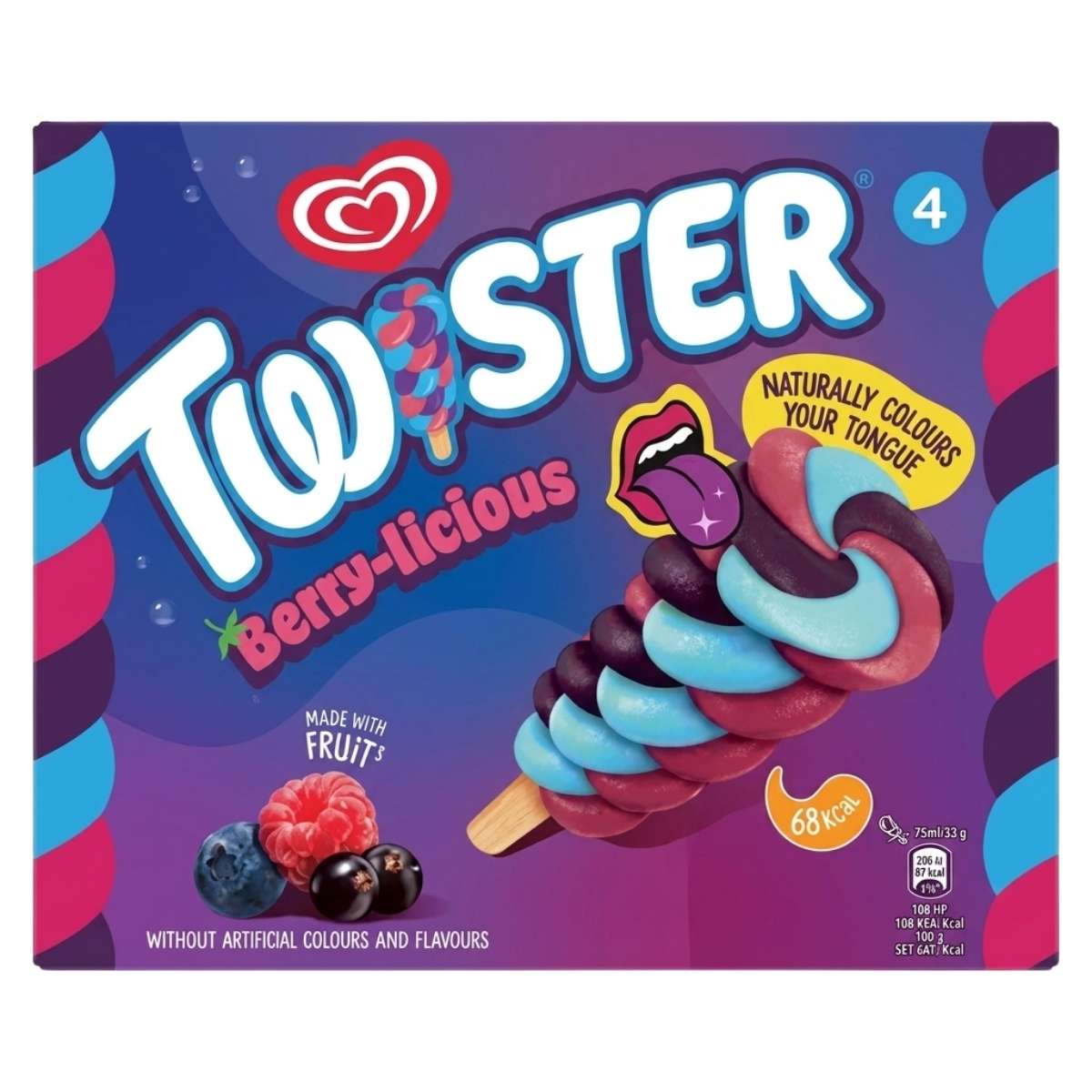 Twister Berrylicious ice cream packaging with colorful design and text.