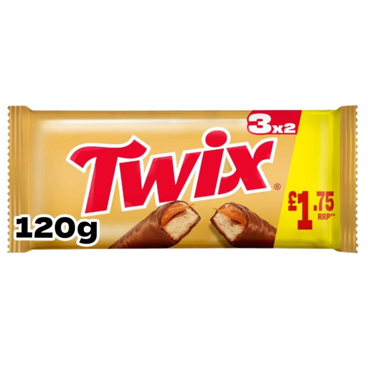A 120g Twix 3x2 chocolate bar wrapper on a plain white background. The packaging features the classic red Twix logo on a golden-yellow background with a bright yellow section on the right, and an image of a broken Twix bar showing the caramel and cookie filling.