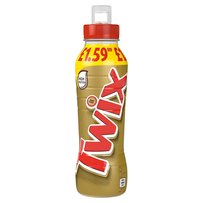 A 350ml bottle of Twix Chocolate Caramel Biscuit Milk Shake Drink with a red and yellow label showing £1.59 RRP and a white cap.