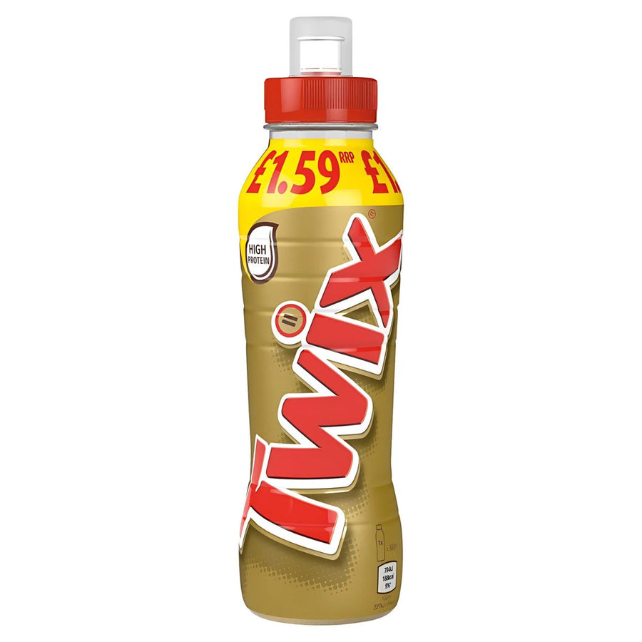 A 350ml bottle of Twix Chocolate Caramel Biscuit Milk Shake Drink with a red and yellow label showing £1.59 RRP and a white cap.