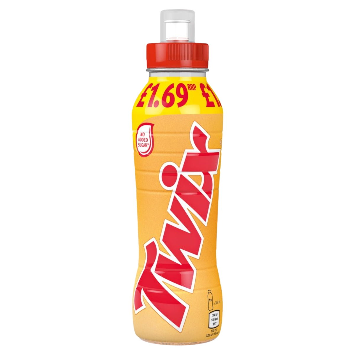 A Twix Twix fizz drink bottle with a yellow-orange gradient label, large red Twix logo, and a red cap, shown on a plain white background.