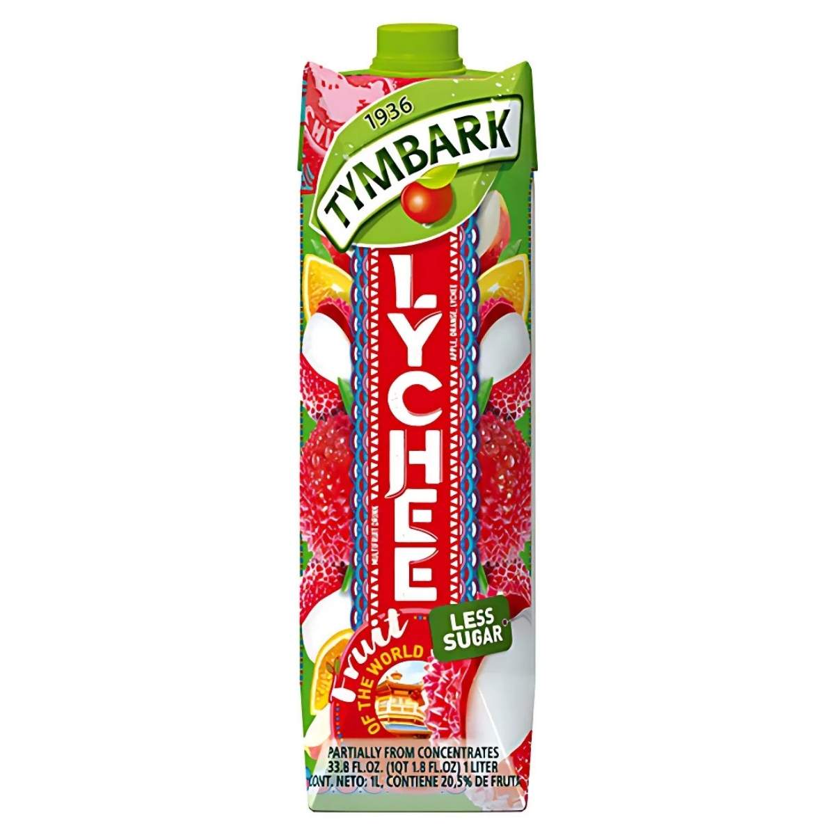 A 1-liter carton of Tymbark Lychee Juice, featuring vibrant imagery of the exotic fruit, is marked with "Less Sugar." This refreshing beverage offers a delightful burst of flavor.