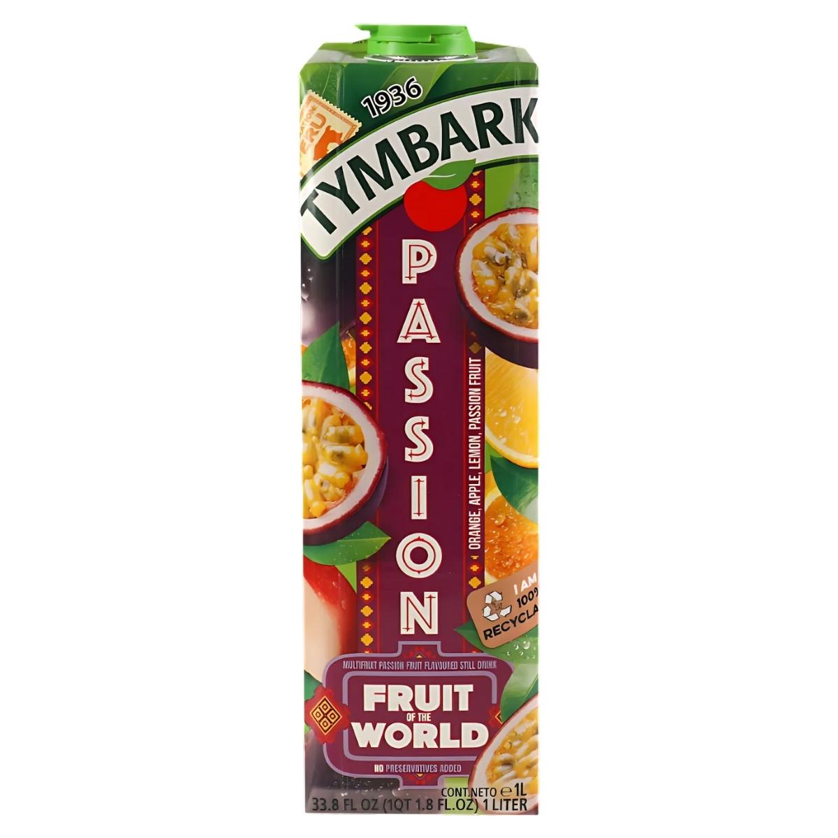 The Tymbark - Passionfruit Juice - 1L carton features a lively label showcasing passion fruit, orange, and guava illustrations. This refreshing beverage offers 1 liter (33.8 fl oz) of tangy passionfruit goodness and is packaged in fully recyclable materials.