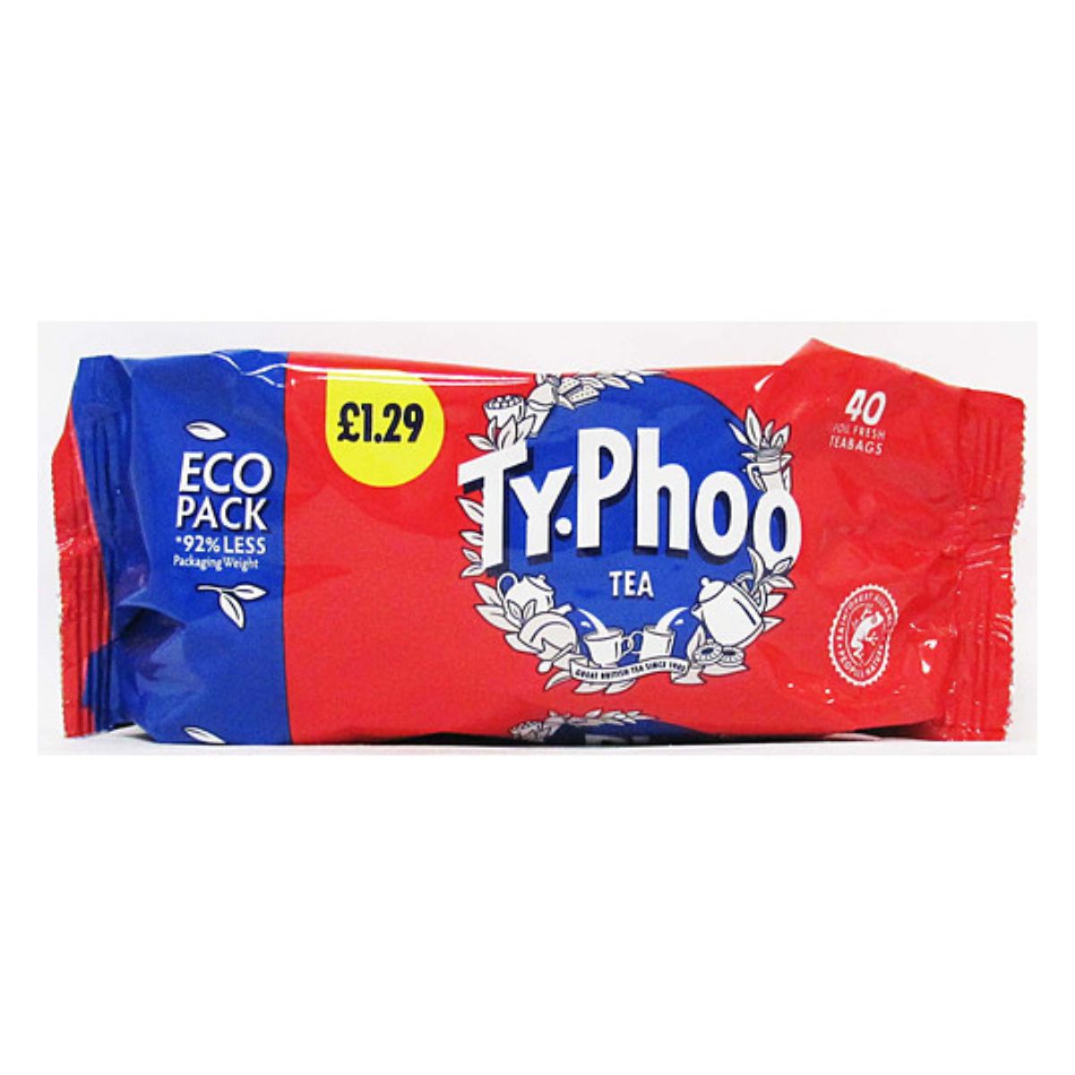 A package of Typhoo - Eco Refil Tea - 40pcs, priced at £1.29. The red and blue packaging highlights "Eco Pack - 92% Less Packaging," making it an eco-friendly option for sustainable tea lovers.