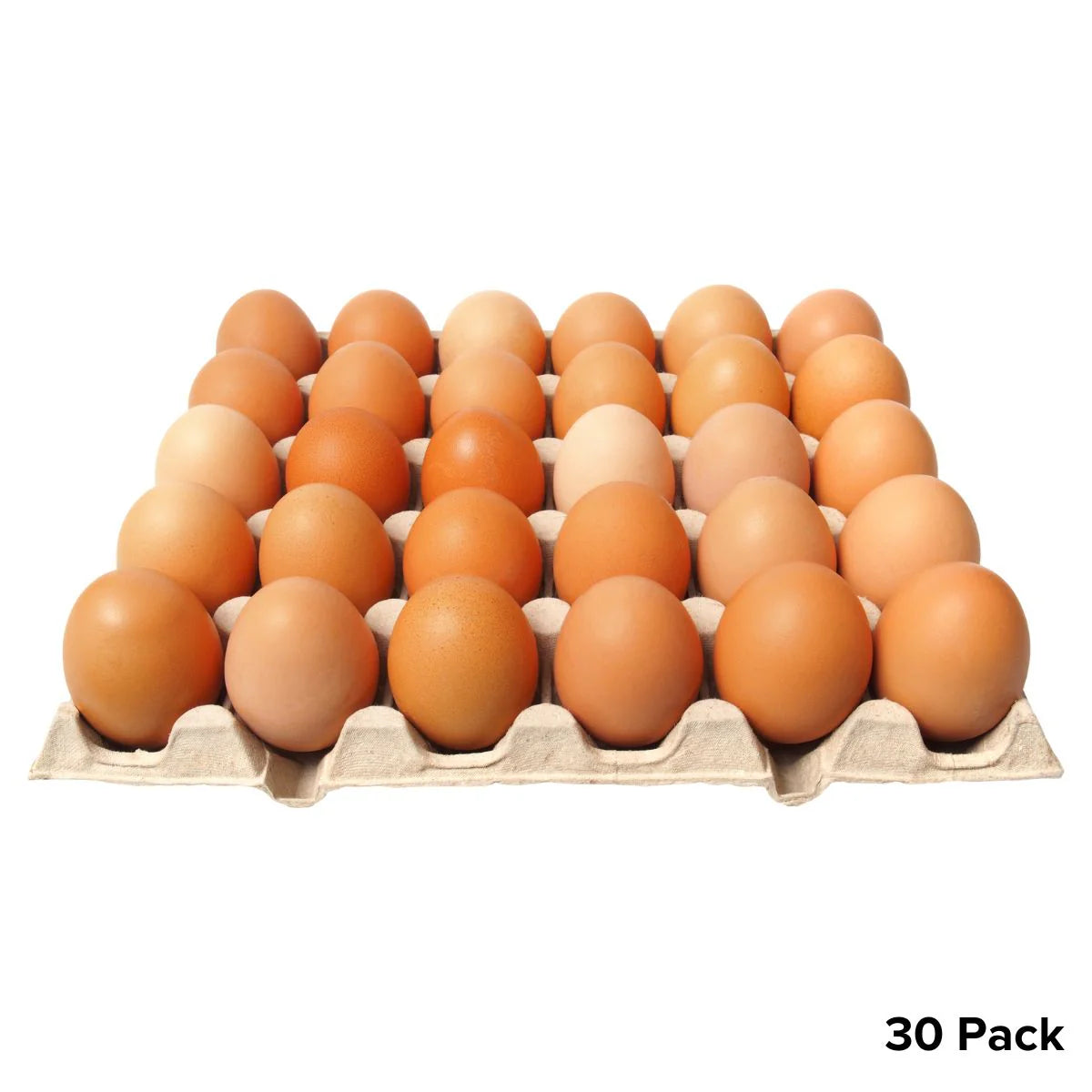 A tray of UK Eggs - Large Fresh Eggs - 30 Pack, arranged in five rows, displayed on a white background. "30 Pack" is shown in the bottom right corner. Brand: UK Eggs.
