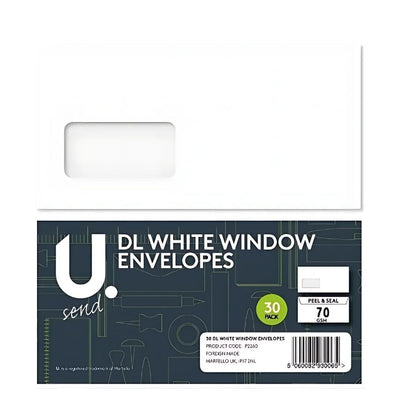 U Send DL white window envelopes, 30 pack, ideal for mailing invoices with "peel & seal" closure. Made of 70 GSM paper for durability and professionalism, they come in striking green packaging.