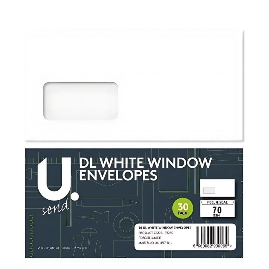 U Send DL white window envelopes, 30 pack, ideal for mailing invoices with "peel & seal" closure. Made of 70 GSM paper for durability and professionalism, they come in striking green packaging.