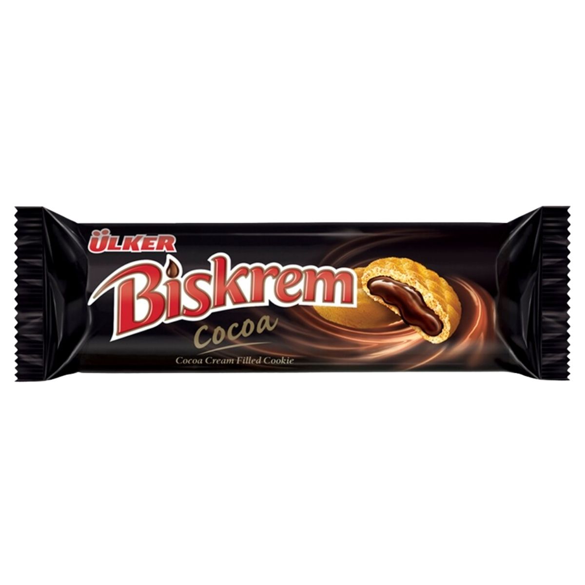 Ulker - Biskrem Cocoa Biscuits (100g): Delicious cocoa cream filled cookies by Ulker, with logo and product details on a dark background.