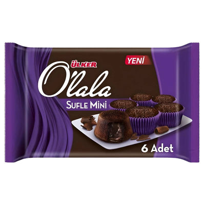 A pack of Ulker - Chocolate Souffle Mini Cakes (27g x 6 Pcs), featuring six rich mini cakes on a white plate, with purple and brown design accents and Turkish text, highlighting the finest in Turkish confections.