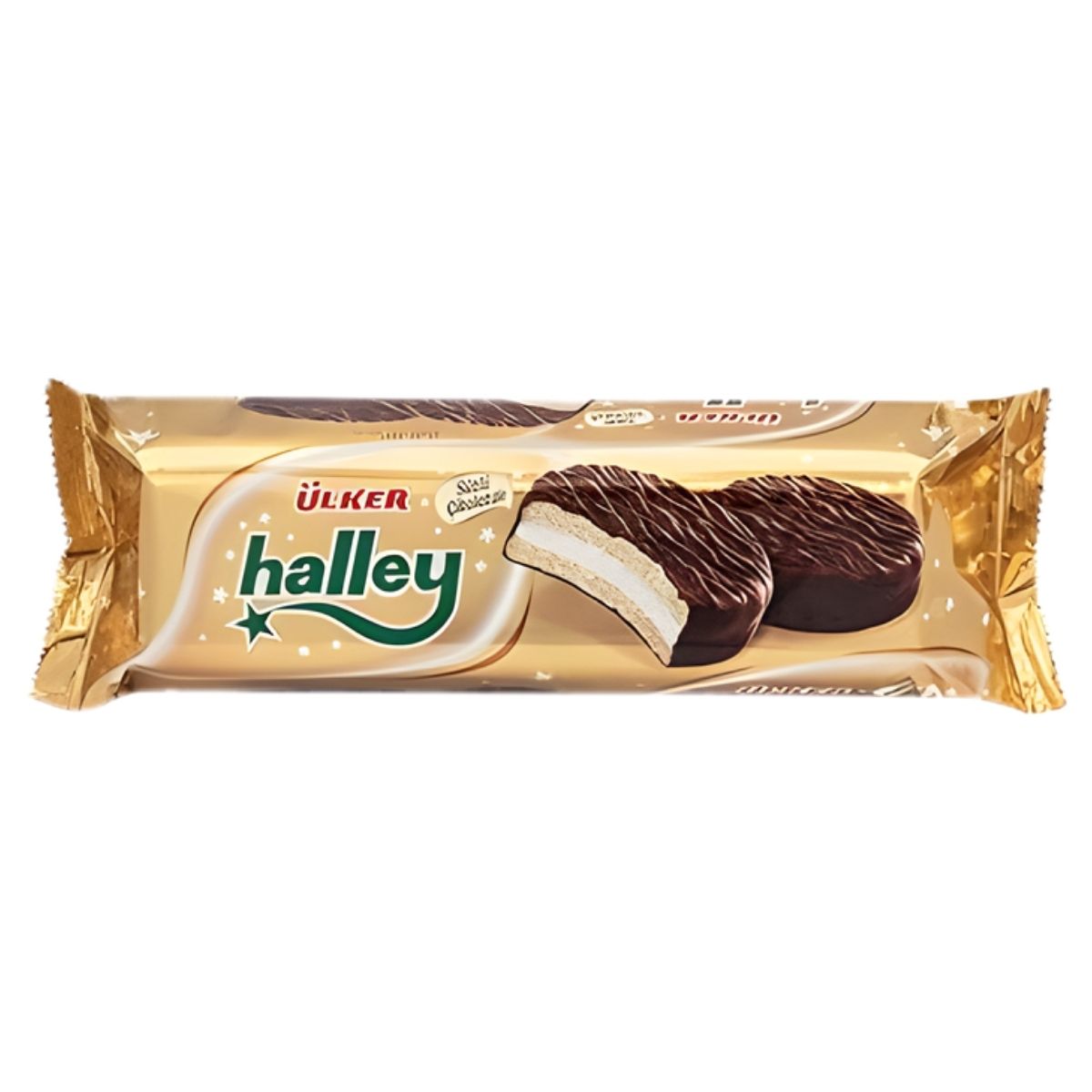 A gold package of Ulker - Halley Chocolate Biscuits (240g), featuring images of the biscuits along with a cross-section highlighting the creamy marshmallow filling coated in smooth milk chocolate.