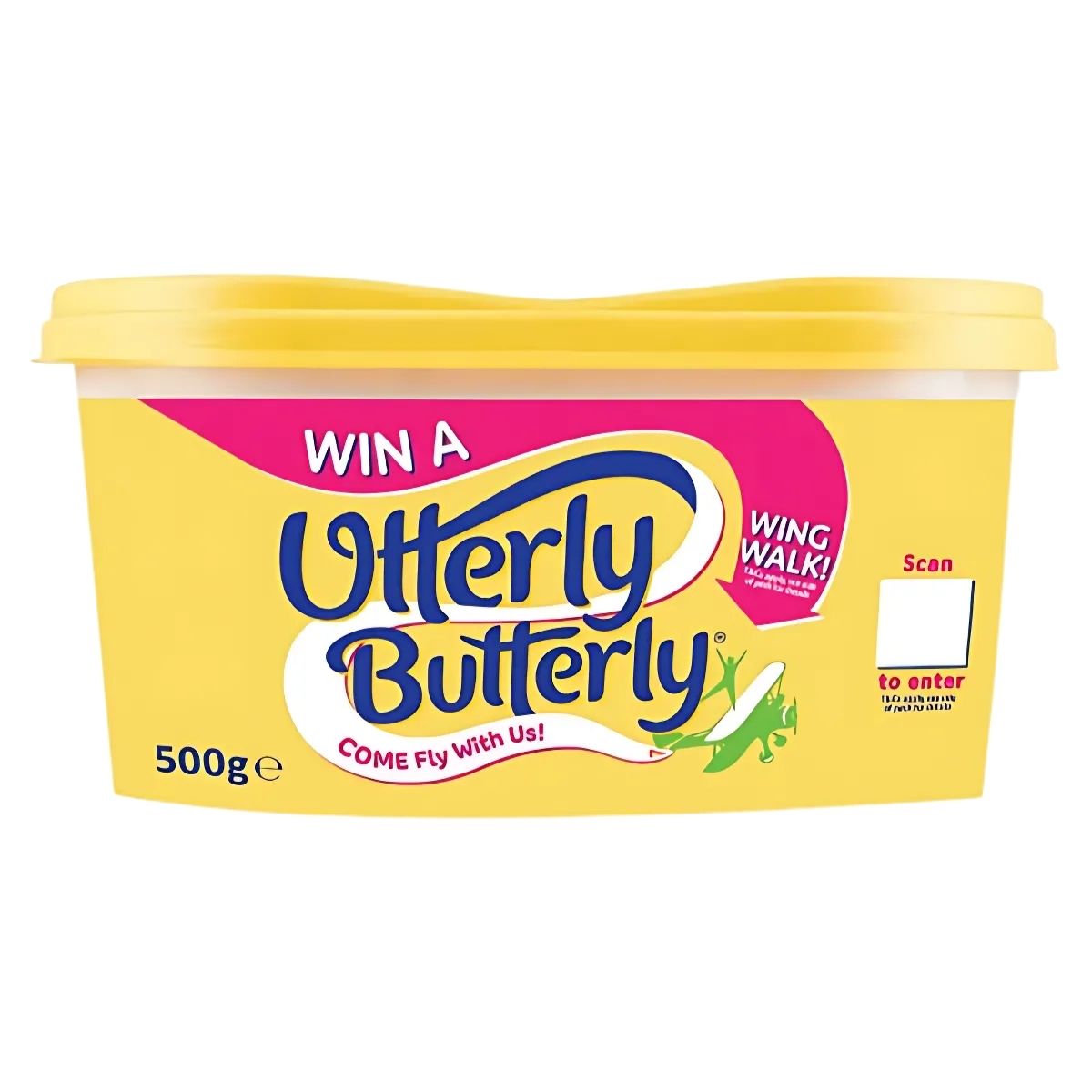 A 500g Utterly Butterly container in yellow offers a creamy butter spread with a natural taste and features a "Win a Wing Walk" contest.