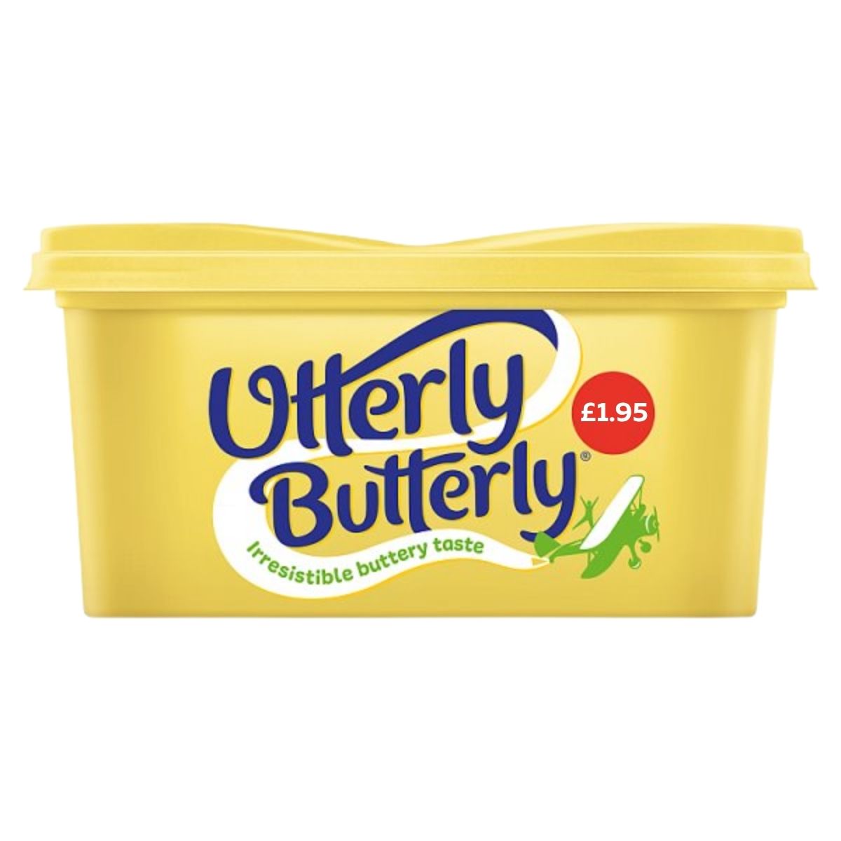 Yellow container of 'utterly Butterly' butter with branding and price on a white background