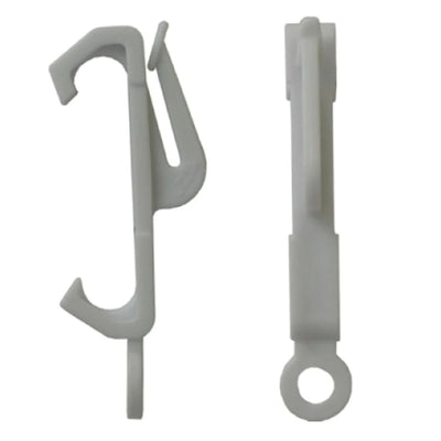 Two Value Pack - Drape Elegance Curtain Hooks by Value Pack, in white plastic, shown from side and front views—each features a hook on one end and a circular loop on the other.