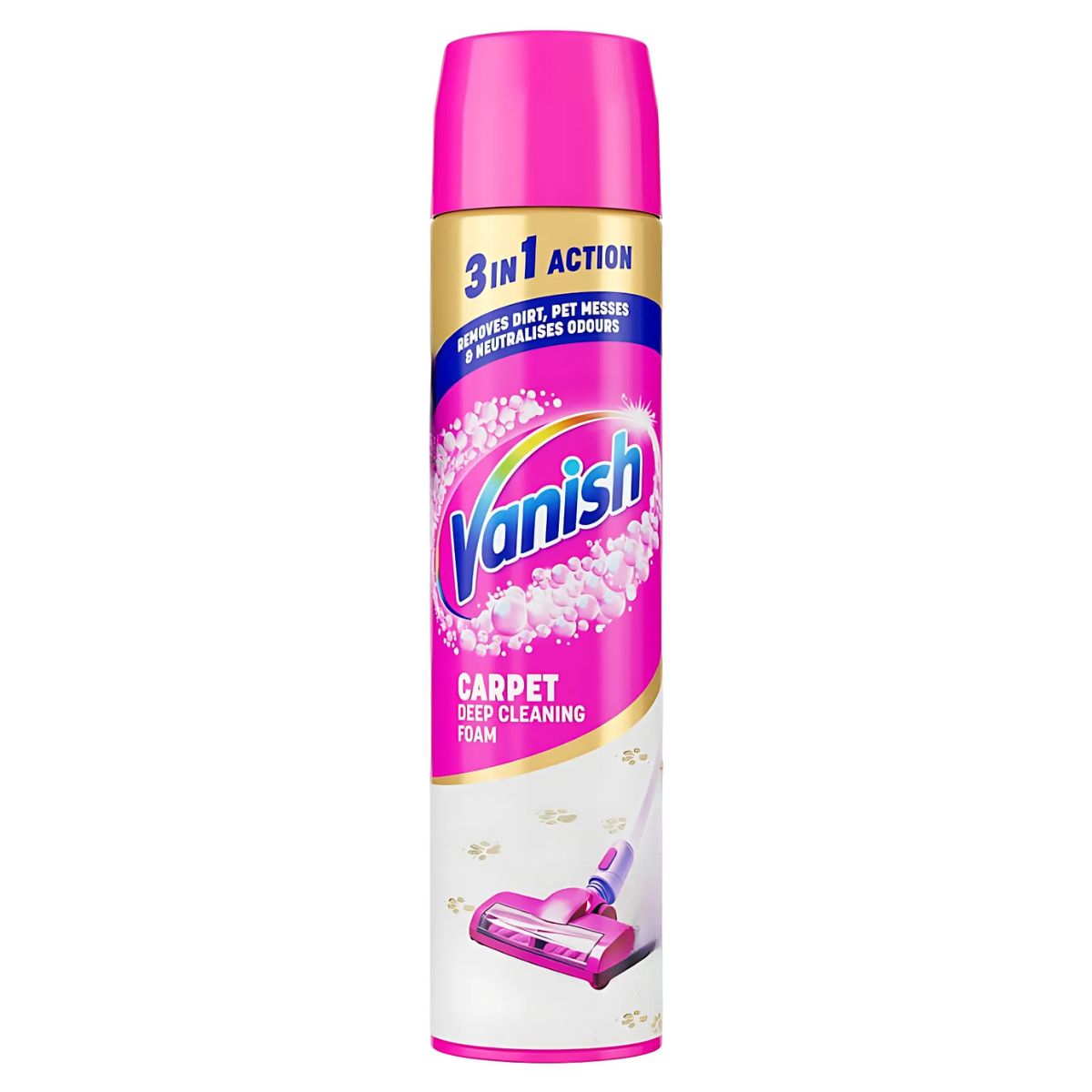 Vanish Gold Carpet Cleaner Foam 600ml with a pink cap delivers 3-in-1 action to remove dirt, pet messes, and odors—your go-to solution for carpet cleaning and pet hair removal.