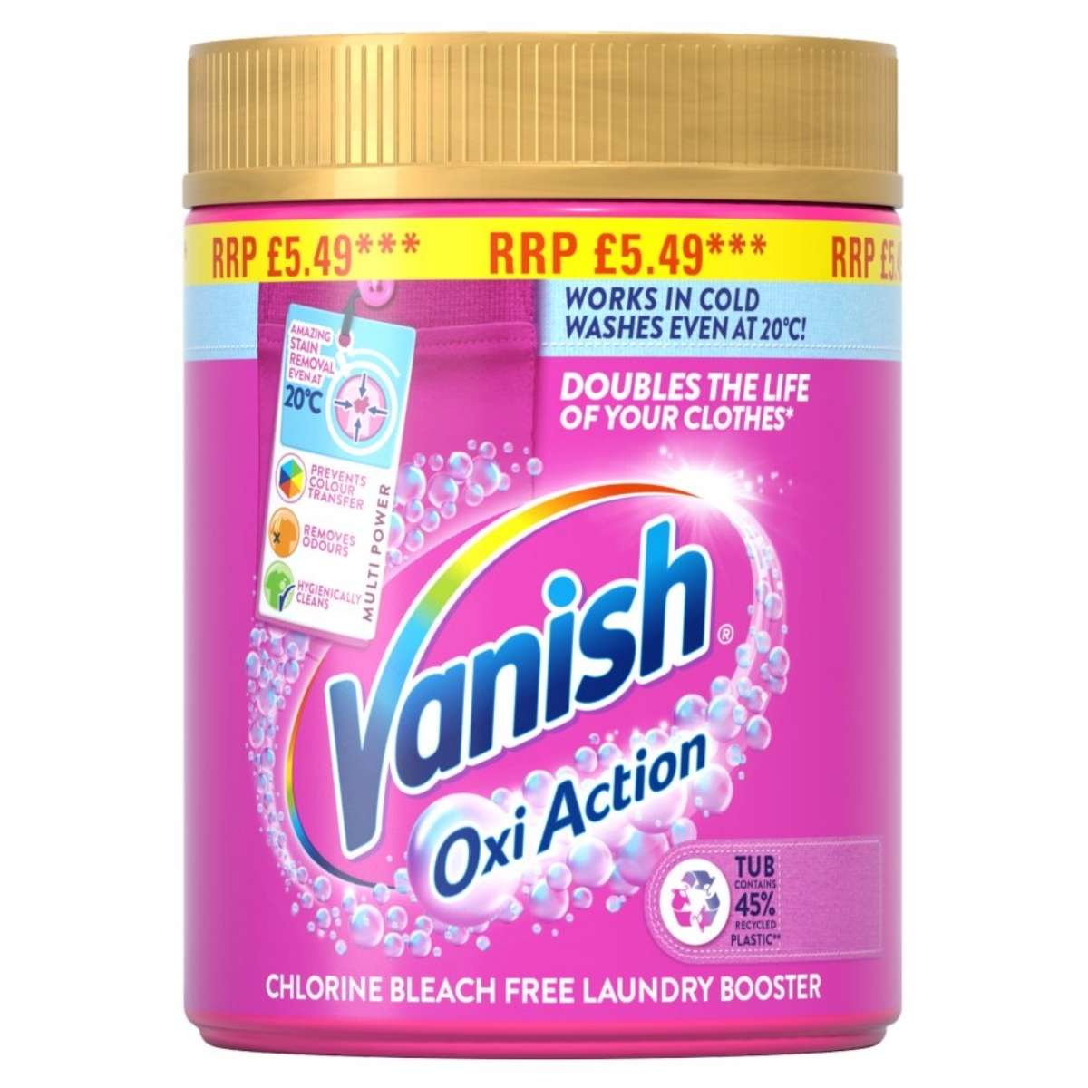 The pink Vanish - Laundry Booster And Stain Remover (470g) with a gold lid, priced at RRP £5.49, claims to double clothing life, works in cold water and is free of chlorine bleach.