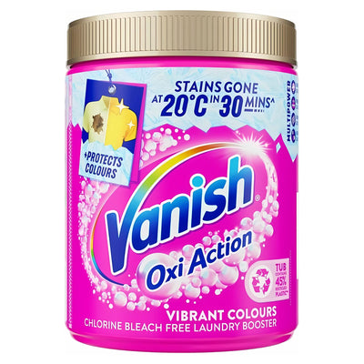 A 470g tub of Vanish Laundry Booster and Stain Remover with a pink label, bold logo, and claims of powerful stain removal and colour protection for vibrant laundry.