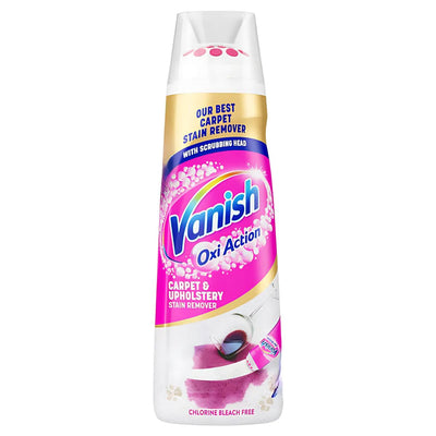 A 195ml bottle of Vanish Oxi Action Carpet Stain Remover with a scrubbing head removes tough carpet stains easily. The pink and white label features images of stained and cleaned carpet for clear results.