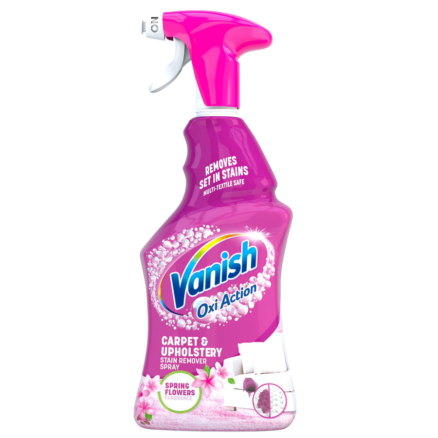 A 500ml spray bottle of Vanish Oxi Action Carpet & Upholstery Stain Remover, with trigger nozzle, delivers powerful stain removal for clean, fresh surfaces.