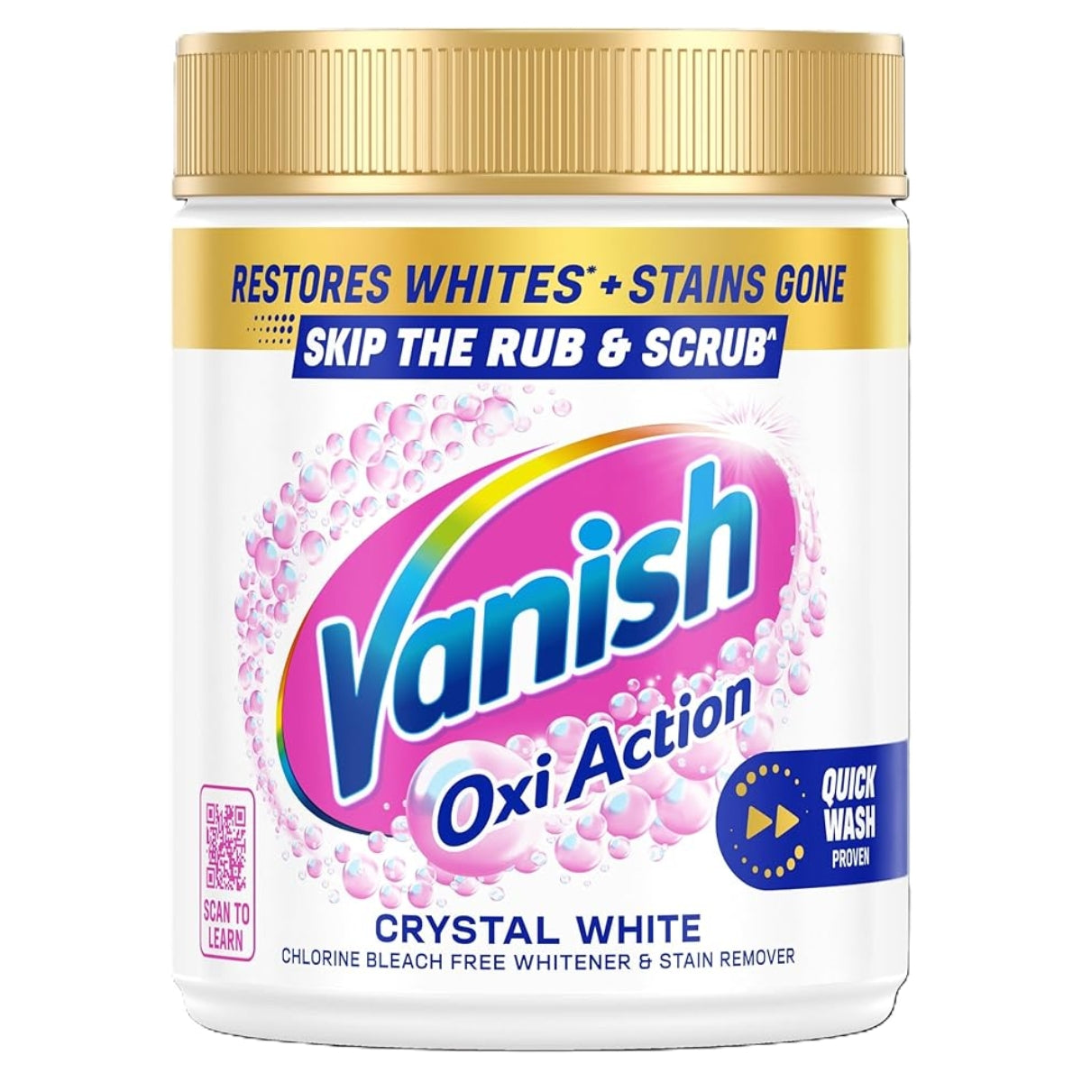 A jar of Vanish Oxi Action Crystal White chlorine bleach free whitener and stain remover, featuring a gold lid, white container, and pink and blue branding on a white background.