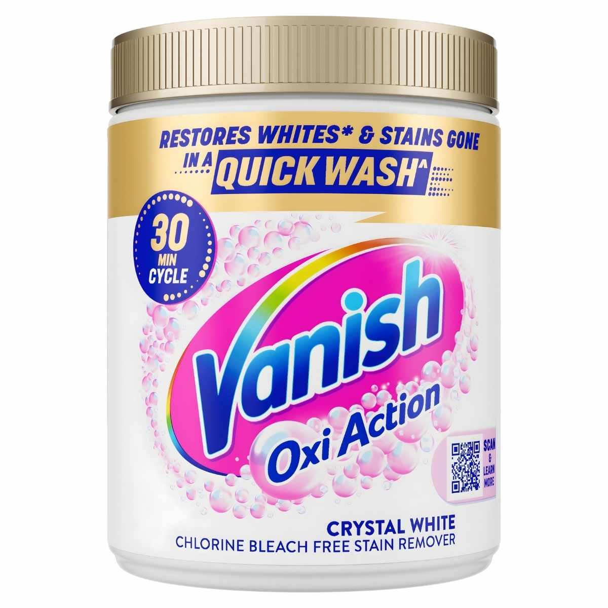 The Vanish Oxi Action Crystal White Stain Remover (470g) features a gold lid, a "30 min cycle" label, and uses oxygen-based bleaching agents for effective whitening.
