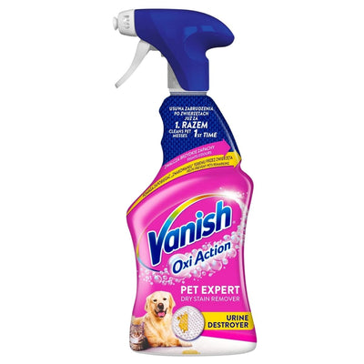 Vanish Oxi Action Pet Expert Dry Stain Remover (500ml) is a powerful pet stain and odour remover spray, ideal for carpets. The bottle features pink and blue labelling with a dog image and "Urine Destroyer" text. Brand: Vanish.