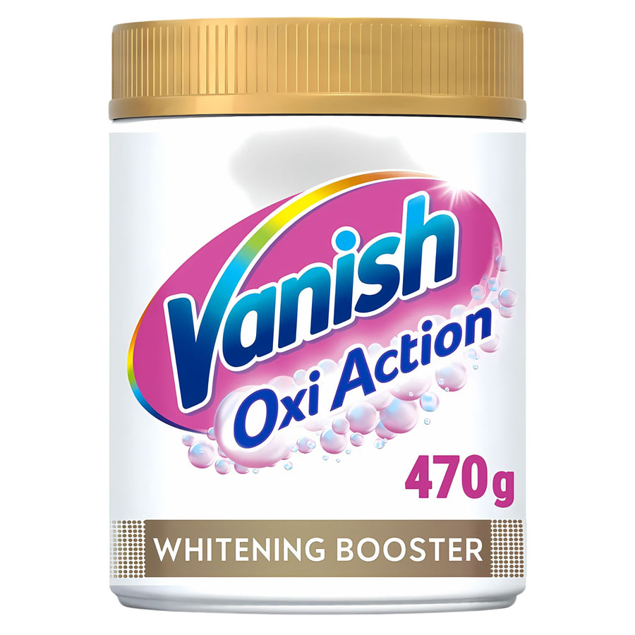 A 470g container of Vanish - Oxi Action Stain Remover with a gold lid and colorful branding on white—an oxygen-based formula designed to effectively remove stains for brighter whites.