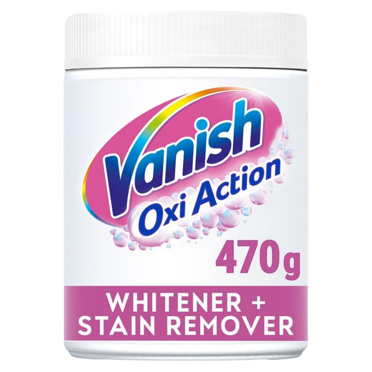 The 470g container of Vanish - Oxi Action Whitener & Stain Remover boasts a unique white and pink label that emphasizes its dual action formula.