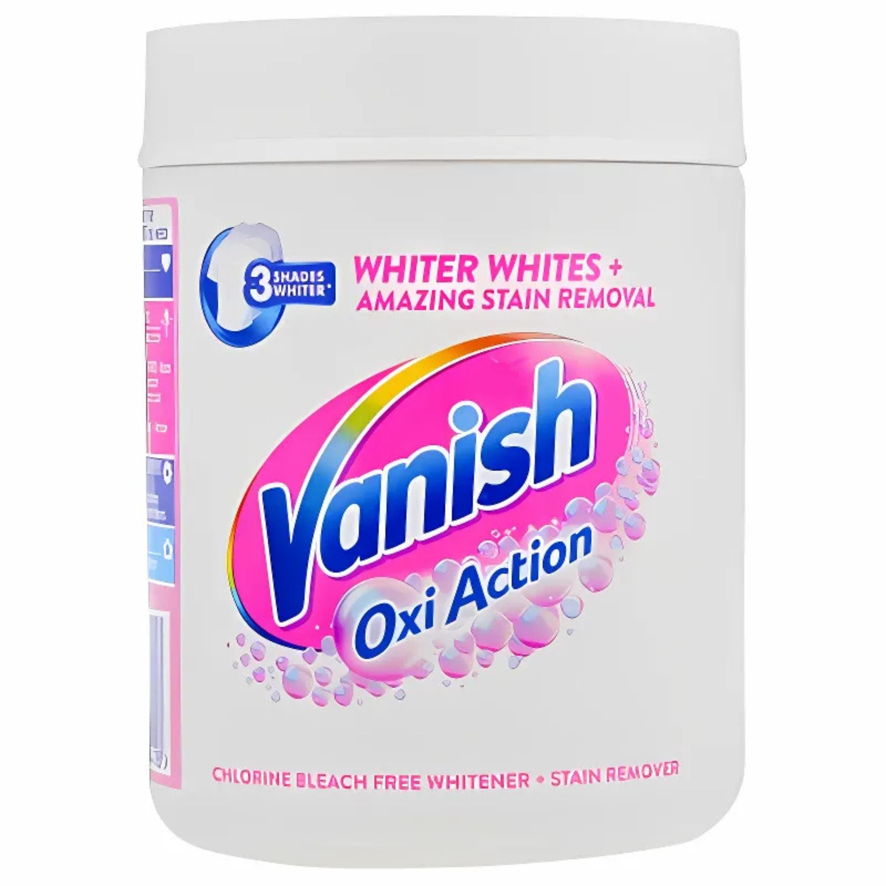 A 470g container of Vanish Oxi Action Whitener & Stain Remover with pink and blue branding, labeled chlorine bleach free, promises whiter whites and amazing stain removal.