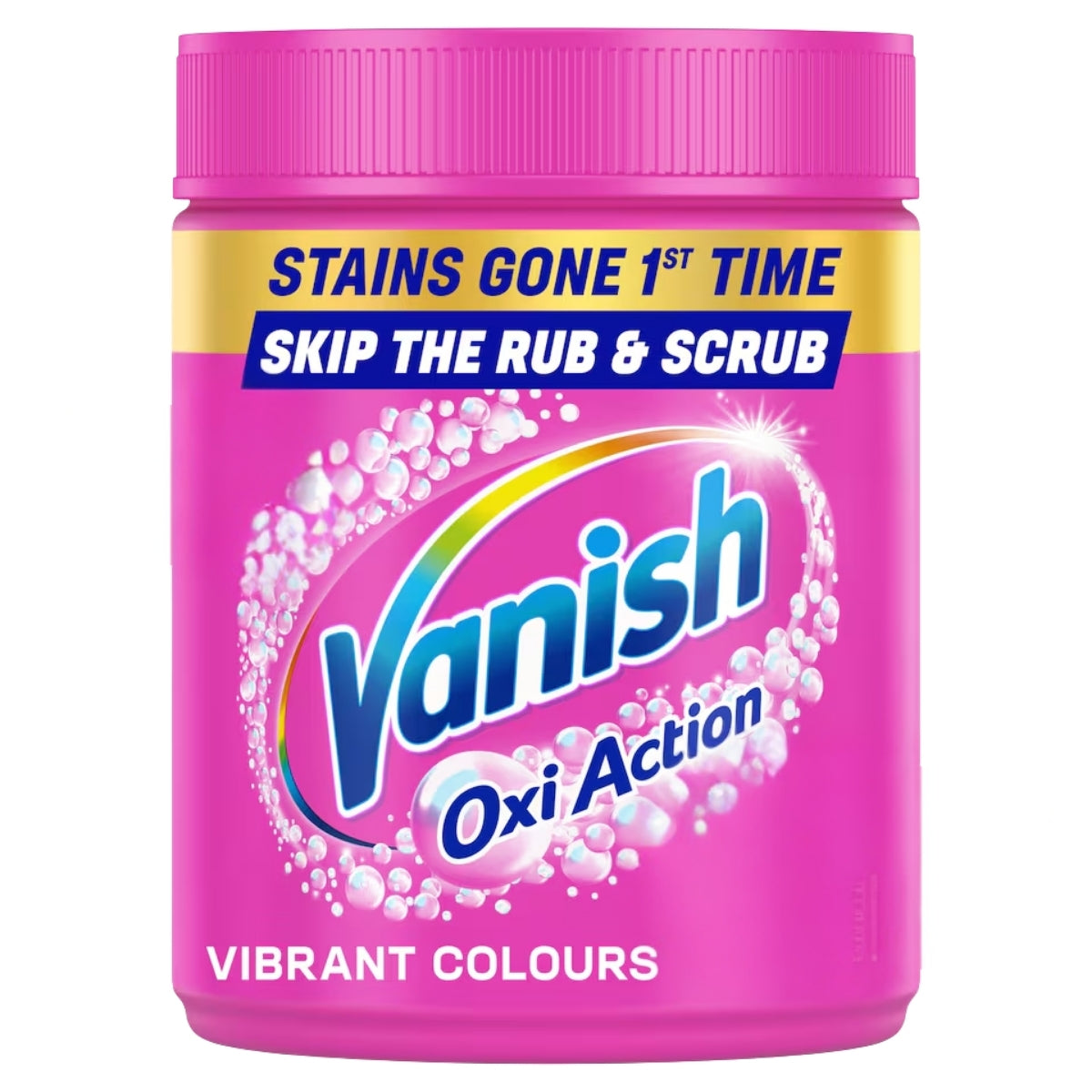 A pink plastic jar of Vanish Oxi Action stain remover, labeled 'Vibrant Colours', on a plain white background.