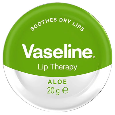 The Vaseline Lip Therapy Aloe 20g tin, from Vaseline, features a green and white design and soothes chapped lips with its gentle aloe formula.