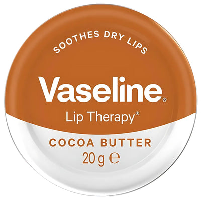 Vaseline Lip Therapy Cocoa Butter 20g by Vaseline is a nourishing lip balm in a round tin, formulated to soothe and heal dry, chapped lips.