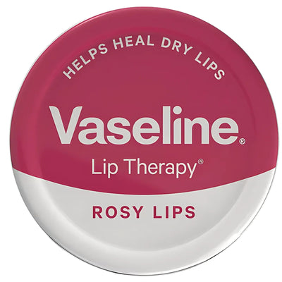 Vaseline Lip Therapy Rosy Lips (20g) is a nourishing lip balm in a round tin with a pink and white lid, labeled "Helps Heal Dry Lips," that keeps lips soft and smooth.