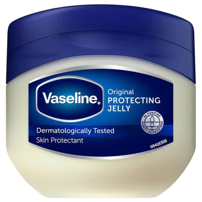 A 100ml Vaseline - Original Pure Petroleum Jelly container with a blue lid, dermatologically tested, made with pure petroleum jelly for trusted skin protection.