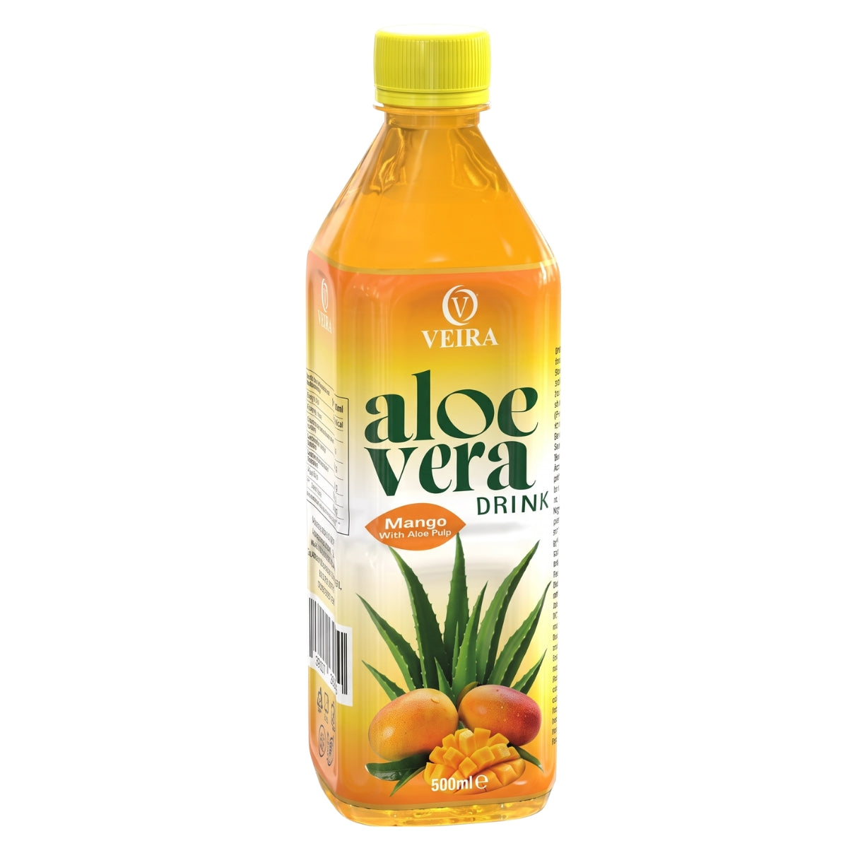A 500ml plastic bottle of Veira Aloe Vera Drink in Mango flavor, featuring a bright yellow cap and a label with green aloe vera leaves and mangoes on a white background.