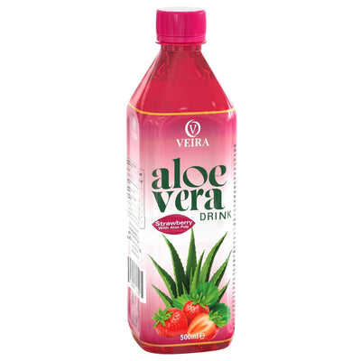 A 500ml plastic bottle of Veira Aloe Vera Strawberry Drink, featuring a pink color and illustrations of aloe leaves and fresh strawberries.