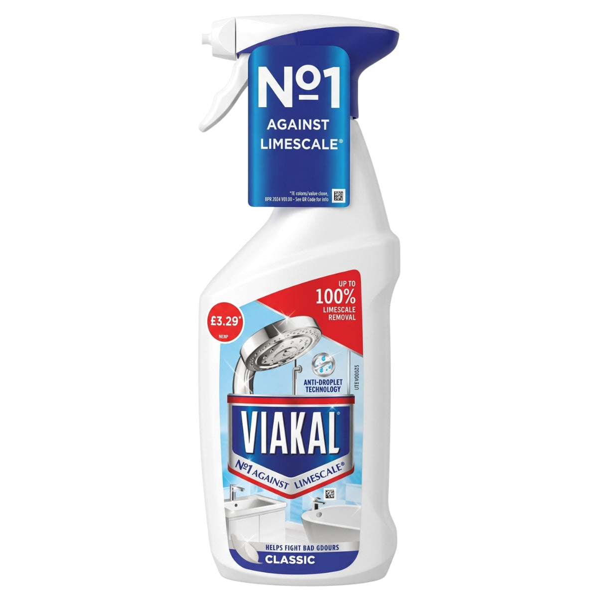 A 500ml white spray bottle of Viakal Classic Limescale Remover, branded by Viakal, featuring blue and red labeling and priced at £3.29. This effective bathroom cleaner claims to be number one against limescale and guarantees 100% removal of hard water stains.