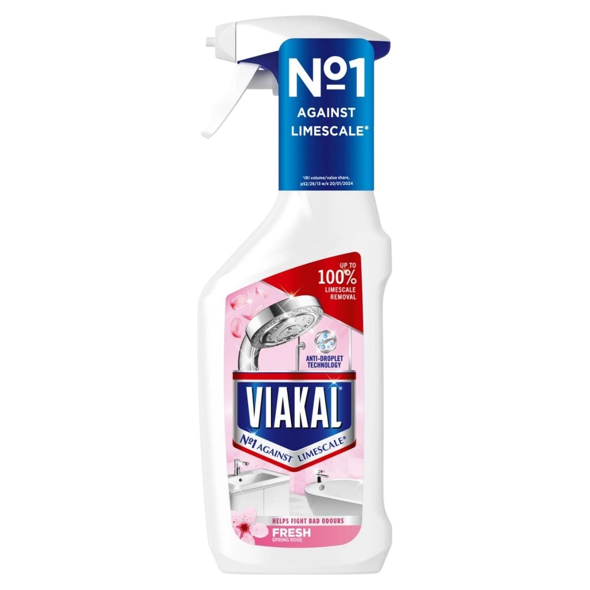 The Viakal - Fresh Spring Rose Limescale Remover Spray (500ml) removes limescale effectively and leaves a fresh rose scent.