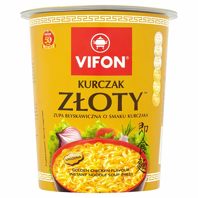 A cup of Vifon - Golden Chicken Instant Noodles - 60g comes in yellow packaging with a product image, offering high-quality instant noodles for a satisfying meal.